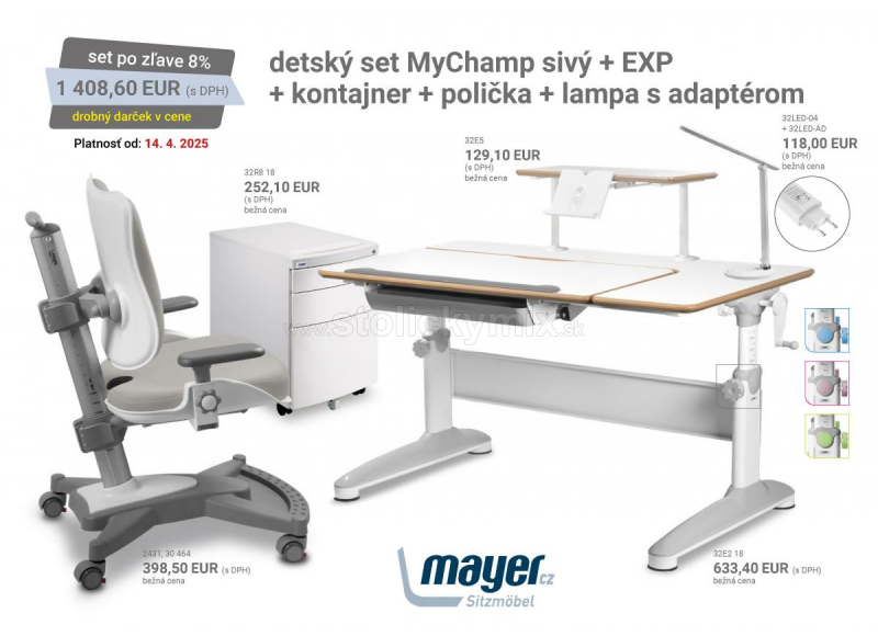 DETSKÝ RASTÚCI SET MAYER SIVÝ 2431 162 (stolička), EXPERT 32E2 18 (stôl), 32R8 18 (kontajner), 32E5 (polička), 32LED-04 (lampa s adaptérom)